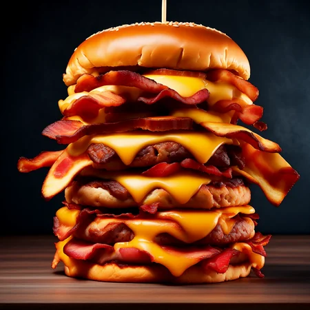 photo (QuadBurger style:1) a large cheeseburger with bacon <lora:djzQuadBurgerV21:1>