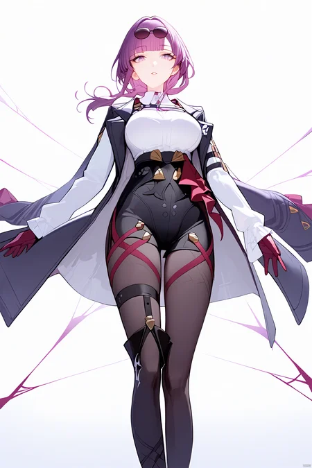 score_9,score_8_up,score_7_up,best quality,masterpiece,source_anime,
---------------------------,
masterpiece, best quality,1girl, Spider, parted lips, solo,blunt bangs, slit pupils, eyelashes, full_body,
------------------------------,
cowboy shot,dynamic angle,from below,intense angle ,dutch angle,wide shot,floating,lens 135mm,f1.8,
--------------------------,
kafuka, 1girl, gloves, pantyhose, purple hair, sunglasses, eyewear on head, large breasts, white shirt, black short, black footwear, bangs, long sleeves, purple eyes,jacket,
(white background:1.1),full_body,Red Spider Lily,Red Spider Lily<lora:EMS-322053-EMS:0.700000>, <lora:EMS-290661-EMS:0.500000>, <lora:EMS-326239-EMS:0.800000>