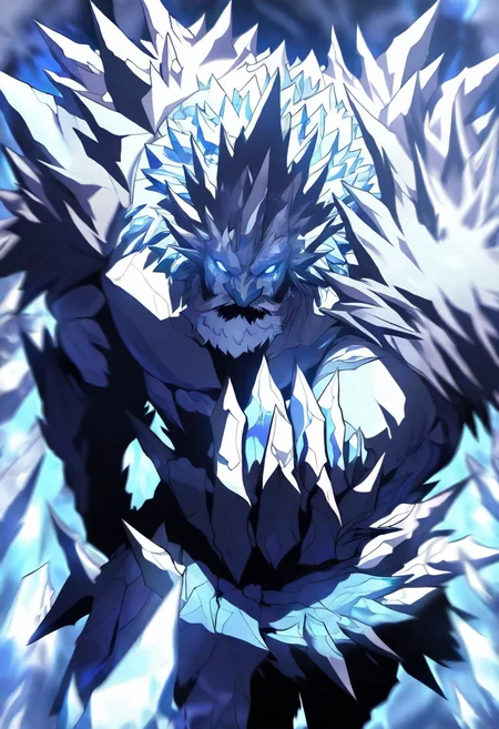 8K, depth of field, focused subject, best quality, <lora:solo_leveling_by_readandsign_fin-000014:1>,
rf64u, titan, solo, looking at viewer, blue eyes, 1boy, holding, weapon, male focus, muscular, glowing, facial hair, muscular male, glowing eyes, spikes, monster, ice, crystal, no humans
