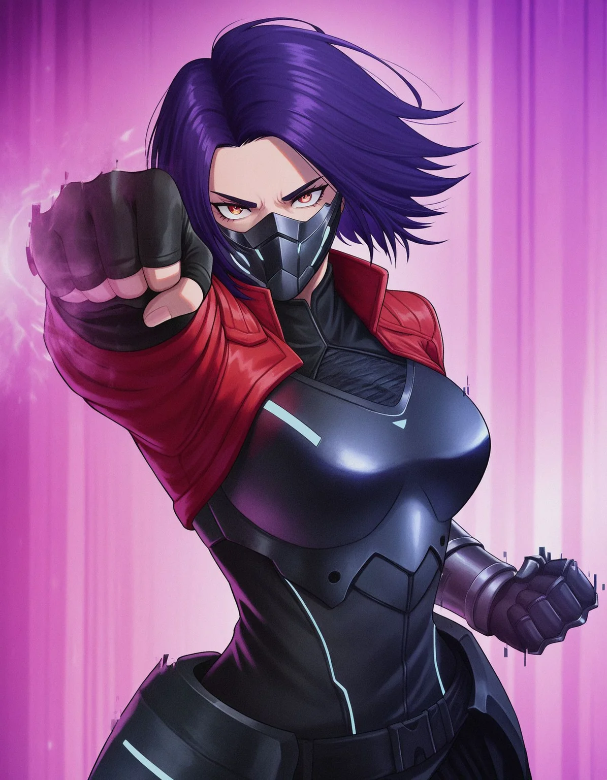1girl, MissMX, mask, red jacket, leather top, armored dress, fingerless gloves, single gauntlet, punch at viewer, glitch, action scene, anime screenshot, solo, dark purple hair,
masterpiece, extremely detailed CG unity 8k wallpaper, best quality, Amazing, finely detail, cinematic lighting, highres, an extremely delicate and beautiful, ray tracing, original, incredibly_absurdres, colorful, intricate detail, artbook,
<lora:MissMX-000008:0.65>, <lora:PulenKompot-Kunaboto_Style-IL:0.7>