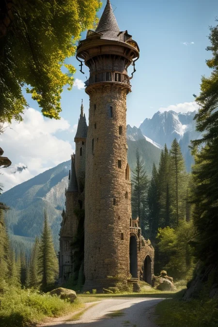 realistic analog photo, award winning photo, stone witow, no humans, scenery, blue sky, road, nature, outdoors, RAW, highres, 8k, uhd, High Dynamic Range, tonemapping, crisp details, portcullis,