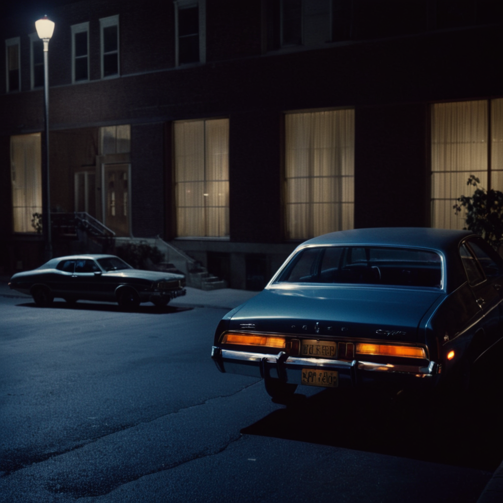 cinematic film still of  <lora:1970's style:1>
In the 1970's a 70's car parked in front of a building at night,outdoors,no humans,night,shadow,ground vehicle,scenery,motor vehicle,sign,car,road,vehicle focus,lamppost,street , realistic,realism, detailed, perfection,perfect,filmic,retro,vintage,classic,different haircut,different look,different style,different people, 1970's style , 1970 style, shallow depth of field, vignette, highly detailed, high budget, bokeh, cinemascope, moody, epic, gorgeous, film grain, grainy