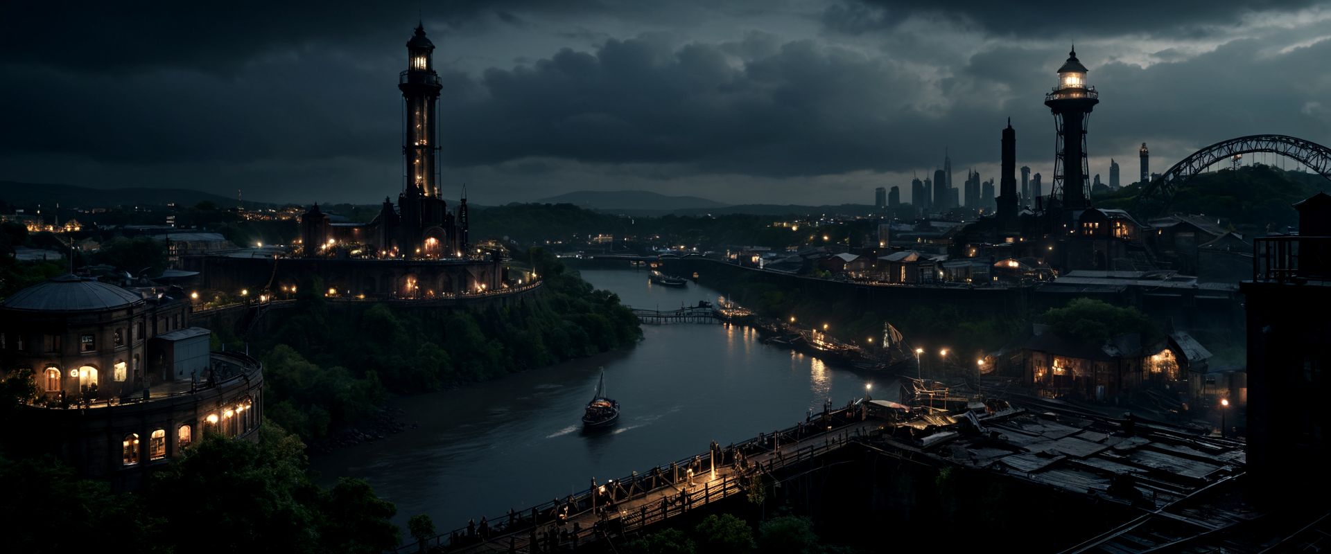 cinematic ground view of eschatological landscape of a victorian edimburg city, harmonious, (bridges:0.4), (waterfalls:1.1), sci fi, (ultra realistic:1.2), (cables), time tower, intricate engineerings, sinuous river, side, (vegetation:0.4), holograms, night, terraces, , happy life,intricate and detailled sailing ship on departure at quay, plenty of small boats on the river, flags, confettis, holy days, festivities, massive crowds, victorian clothes, messy rail trains, train station, drapery on windows, (full of life:1.2), chimneys, smokes, high resolution, city, view from above, from the ledge, slums, hyper detailled view, intricate city, atmospheric lighting, dark mood, gigantism, ultra large wide angle, full view, great composition, rules of third, organic city , dramatic sky, storm in background,, shallow depth of field, vignette, high budget, bokeh, cinemascope, moody, epic, gorgeous