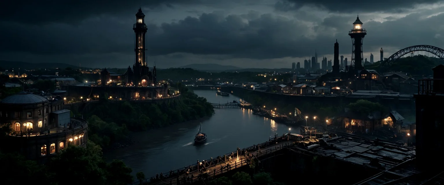 cinematic ground view of eschatological landscape of a victorian edimburg city, harmonious, (bridges:0.4), (waterfalls:1.1), sci fi, (ultra realistic:1.2), (cables), time tower, intricate engineerings, sinuous river, side, (vegetation:0.4), holograms, night, terraces, , happy life,intricate and detailled sailing ship on departure at quay, plenty of small boats on the river, flags, confettis, holy days, festivities, massive crowds, victorian clothes, messy rail trains, train station, drapery on windows, (full of life:1.2), chimneys, smokes, high resolution, city, view from above, from the ledge, slums, hyper detailled view, intricate city, atmospheric lighting, dark mood, gigantism, ultra large wide angle, full view, great composition, rules of third, organic city , dramatic sky, storm in background,, shallow depth of field, vignette, high budget, bokeh, cinemascope, moody, epic, gorgeous