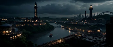 cinematic ground view of eschatological landscape of a victorian edimburg city, harmonious, (bridges:0.4), (waterfalls:1.1), sci fi, (ultra realistic:1.2), (cables), time tower, intricate engineerings, sinuous river, side, (vegetation:0.4), holograms, night, terraces, , happy life,intricate and detailled sailing ship on departure at quay, plenty of small boats on the river, flags, confettis, holy days, festivities, massive crowds, victorian clothes, messy rail trains, train station, drapery on windows, (full of life:1.2), chimneys, smokes, high resolution, city, view from above, from the ledge, slums, hyper detailled view, intricate city, atmospheric lighting, dark mood, gigantism, ultra large wide angle, full view, great composition, rules of third, organic city , dramatic sky, storm in background,, shallow depth of field, vignette, high budget, bokeh, cinemascope, moody, epic, gorgeous