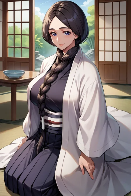 score_9, score_8_up, score_7_up, score_6_up, source_anime, BREAK 1girl, solo, mature female <lora:unohanaretsu-pdxl-nvwls-v1-000004:1> unohana retsu, single braid, white coat, black kimono, black skirt, hakama skirt, large breasts, seiza, kneeling, indoors, japanese house, bamboo mat, table, looking at you, smile
