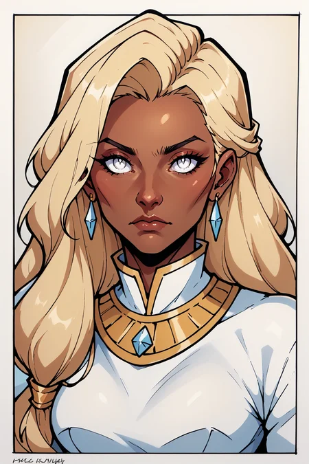 comistylepdxl, 1girl, solo, dark skin, long hair, dark-skinned female, jewelry, earrings, blonde hair, white eyes, looking at viewer, closed mouth, PnyCmicXLPOS, ErthIllustPDXL_POS, <lora:ComicsV3PDXL:1>
