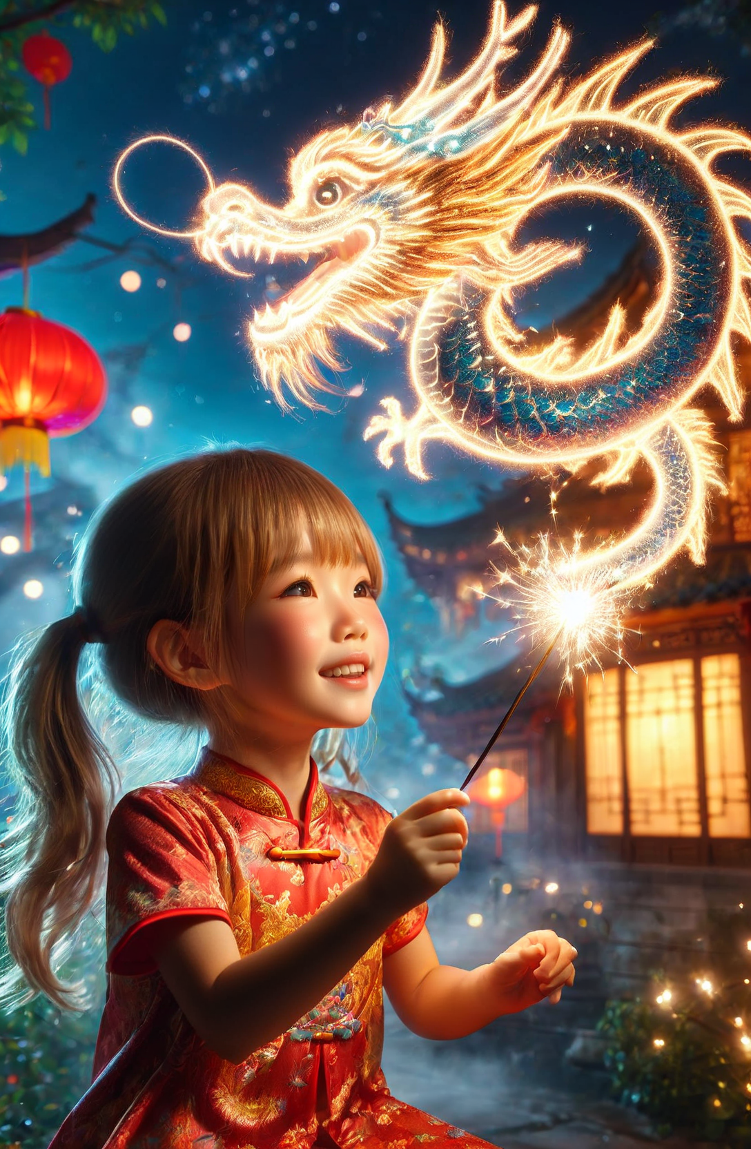 amazing quality, masterpiece, best quality, hyper detailed, ultra detailed, UHD, DOF, depth of field, HDR, perfect anatomy
solo, cute, kawaii, brown hair, joyfully plays with fairy wand, waving it in the air, red lantern,( blond hair:1.2), wearing  (yellow:1.2) cheongsam, milky way,
a small cfc-spark-dragon above the fairy wand, translucent, dazzling, shine, sparking, trajectory of sparks,
<lora:cfc-spark-dragon-000006:0.75>, 
<lora:ral-lnrnwyr-sdxl:0.5>, ral-lnrnwyr,
<lora:add-detail-xl:0.8>,
<lora:extremely_detailed:0.8>, extremely detailed,
<lora:EnvyBetterHiresFixXL01:1.0>, 
<lora:DonM3t3rn1tyXL-v1.1-000008:0.6>, DonM3t3rn1tyXL,
 SK_Fantasy,