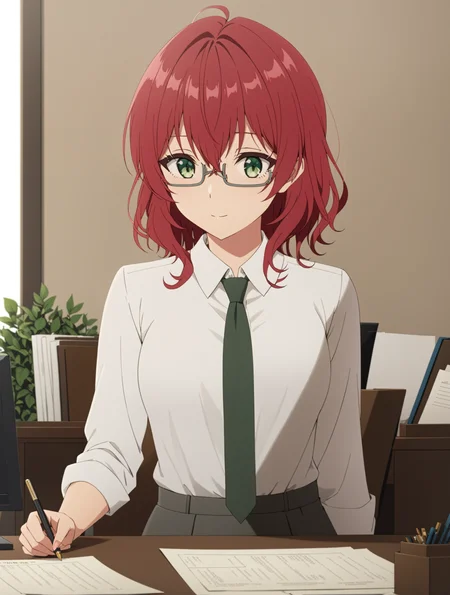 masterpiece, best quality,
1girl,solo,
<lora:dahlia.sdxl.v2:0.9> dahlia, red hair, green eyes, grey glasses,
teenager,
office lady, white shirt, necktie,
office, paper, desk, table,