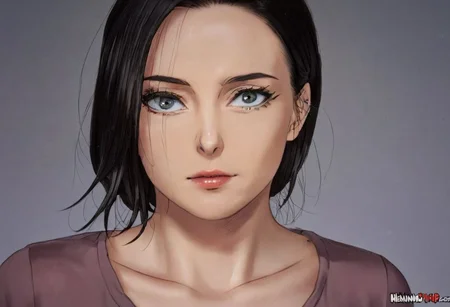 masterpiece, intricate details, manhwa milf, queen bee ami, grey eyes, black hair