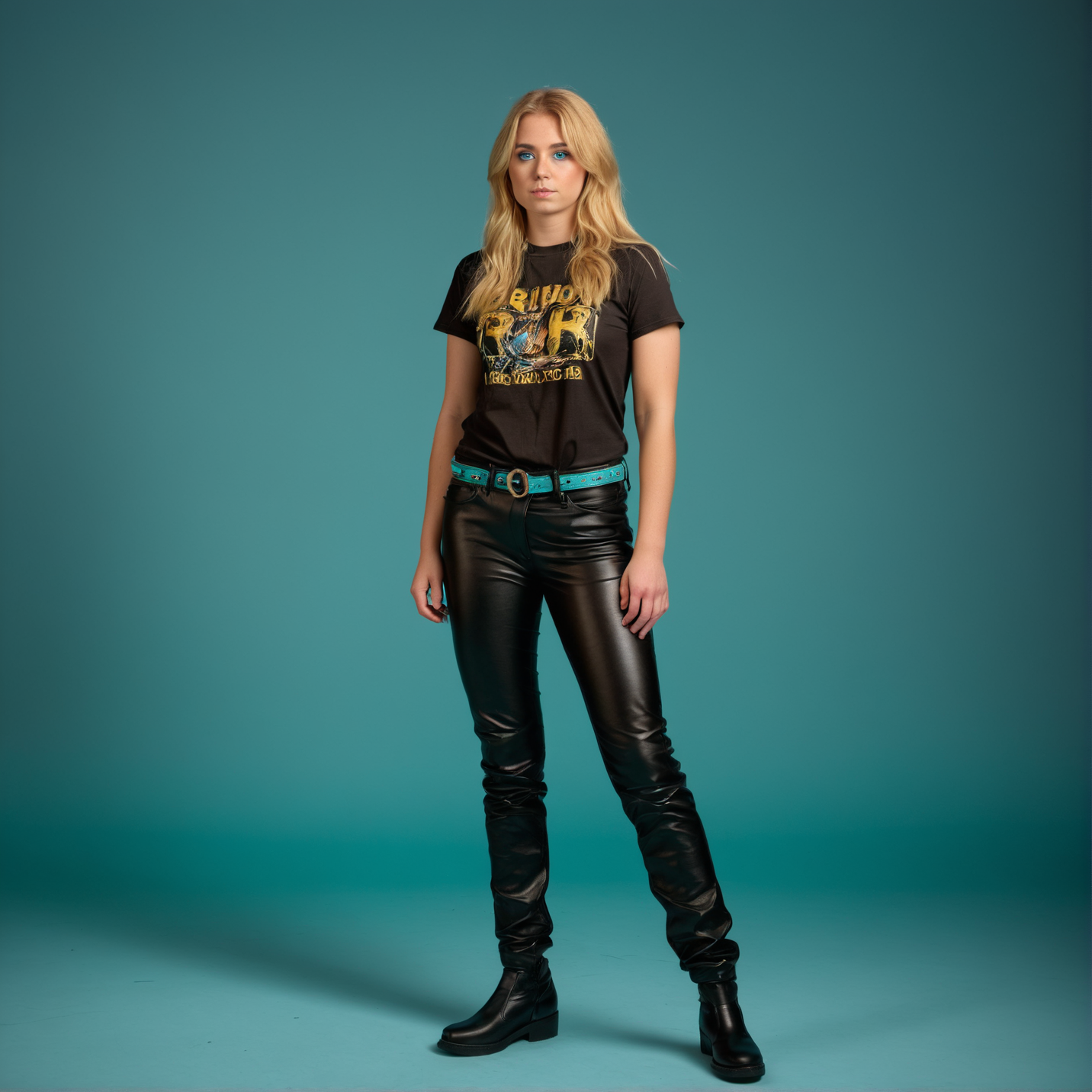 RAW photograph, Danish woman, 25 years old, golden blonde hair, aqua eyes, full body shot, wearing long leather pants and a band t-shirt, standing straight,  neutral pose, arms to the side,  shot from the side,  neutral uniform photostudio background,, highly detailed, professional, soft volumetric lighting,  photographed on a Canon EOS R5, 50mm lens, F/2.8, HDR, 8k resolution, highres, high detail,