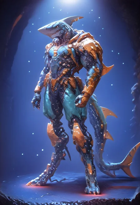 fallen empire technology , blank metallic face((( robot)))(stunning, magnificent, HD, photorealistic, dramatic lighting, intricate details, armor beautiful patterns, realistic , mythical, legendary, powerful, cinematic,, masterpiece, perfect anatomy, perfect composition, perfect hand, (beautiful detailed eyes:1.2), (soft colors)) , glowing red core right on chest armor, armor highly detailed patterns on armor), torn cloak , full body fits into the image, full body visible, ), claws, gauntlet, digital illustration of a futuristic, armored humanoid figure. The subject is dressed in a highly detailed, dark, and bulky exosuit with intricate mechanical components and white accents. The suit features various textures and layers, including a cloak-like garment with angular, geometric shapes.((dead space)))futurenijiimadness, mass effect game, science fiction, lens flare, slightly long neck, big cables on body, robot, big cables on body<lora:ECHANIS:0.8>digitigrade, (anthro male shark:1.2), shark_male, shark, detailed scales,