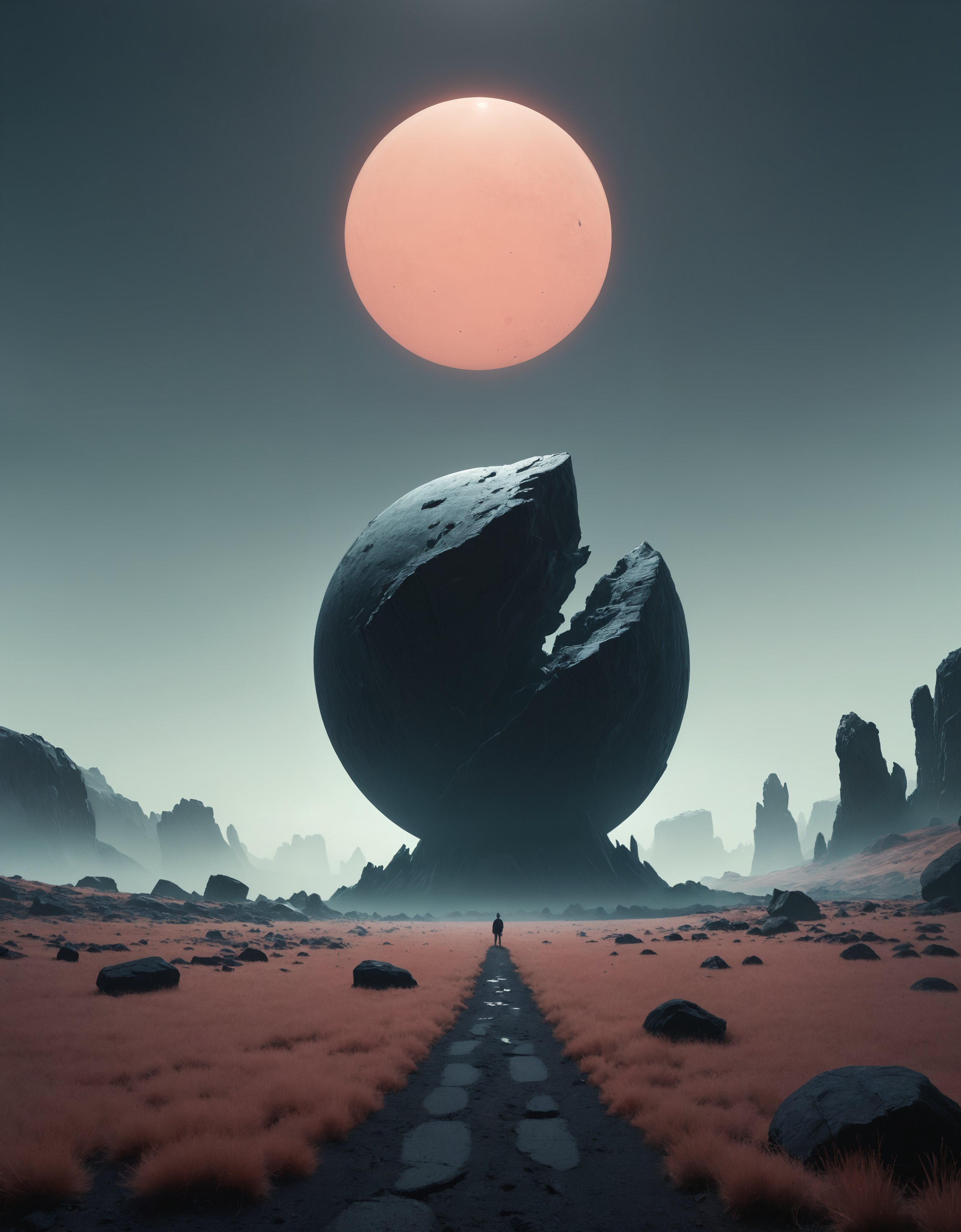 minimalist, carbonite planet, infrared picture, soft colors, outdoors, field, giant sharp dark rocks, scenery, pale sun, fog, Simon Stlenhag style, very empty space, very wide angle, panoramic, realistic, highly detailed, realistic eyes, intricate details, detailed background, depth of field