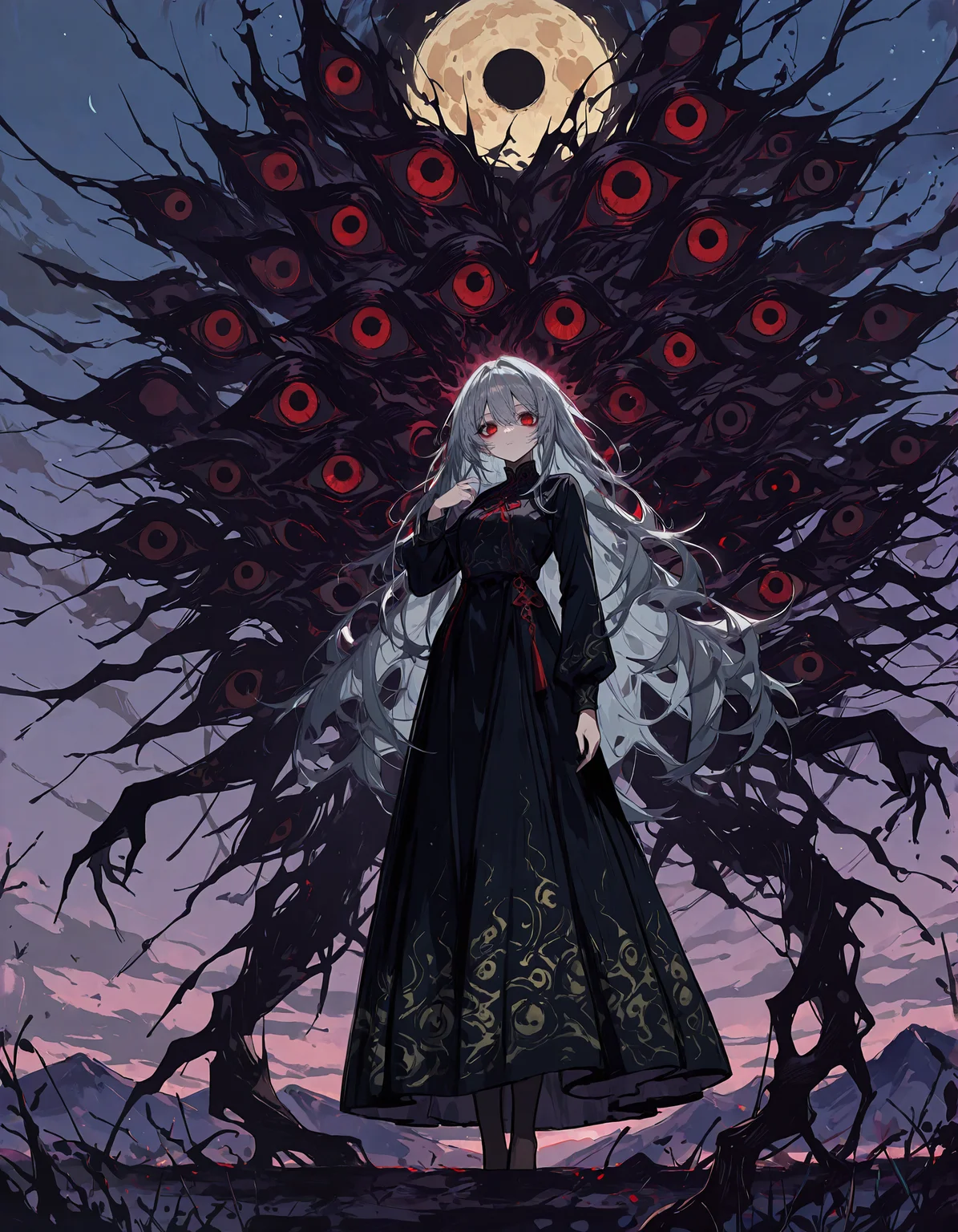 masterpiece, newest, incredibly absurdres, highres, <lora:3Y3S_style:1>,3Y3S_illu, 1girl, long hair, solo, dress, red eyes, black dress, grey hair, moon, looking at viewer, extra eyes, long sleeves, eldritch abomination, outdoors, very long hair, sky, standing