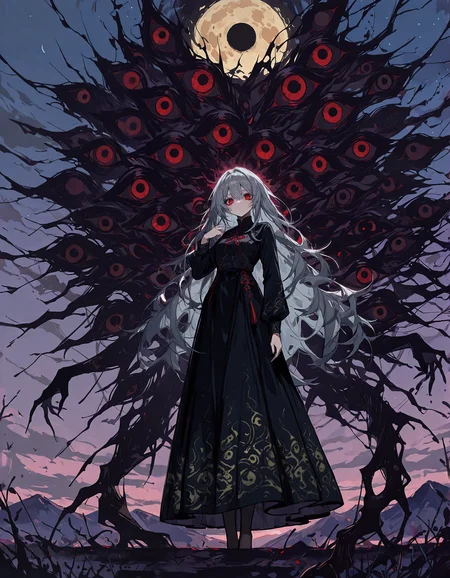 masterpiece, newest, incredibly absurdres, highres, <lora:3Y3S_style:1>,3Y3S_illu, 1girl, long hair, solo, dress, red eyes, black dress, grey hair, moon, looking at viewer, extra eyes, long sleeves, eldritch abomination, outdoors, very long hair, sky, standing