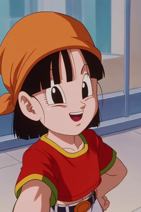 source_anime, score_9, score_8_up, score_7_up, anime screencap,8k, absurd res,
pan \(dragon ball\), short hair, bangs, black hair, black eyes,
red shirt, gold trim, selfie, from above,  cityscape, dappled sunlight, teeth, smile, 
<lora:panRemake_pony_v1:0.8>