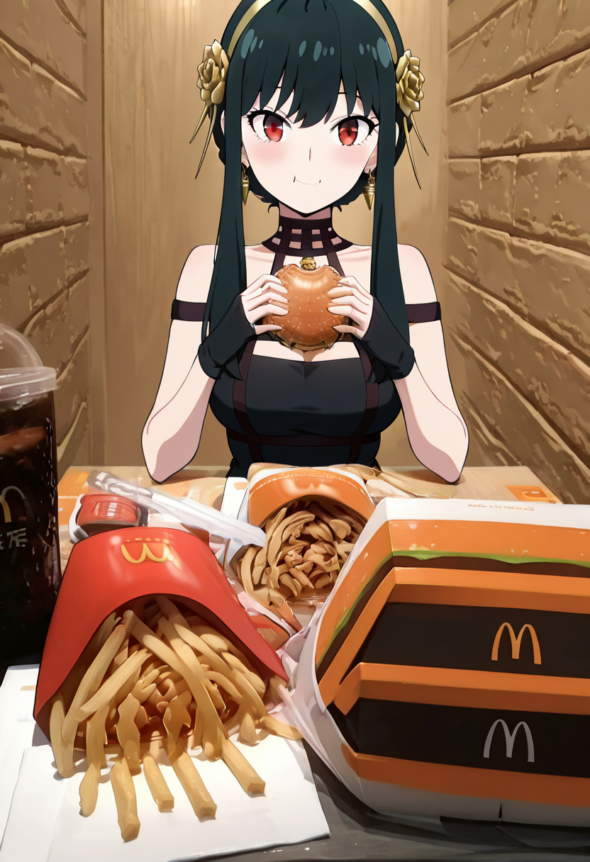 masterpiece, best quality, curvy, beautiful eyes, 1girl, solo, smile, looking at viewer,      McD4t3, eating, holding food, food on face, burger, french fries, ketchup,   ,<lora:McDate_with_2D_Waifu_IXL:1.0>,  BREAK, Yor Briar, Yor Forger, 1girl, black hair, red eyes, short hair with long locks, gold hairband, hair flower, black choker, black dress, sleeveless, off shoulder, floral print, fingerless gloves,
