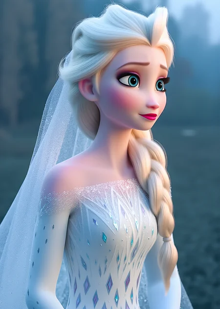 masterpiece,4k studio photo quality, inematic lighting,clear photo,upper body,portrait,outdoor,blushing,ultra detail skin,single braid,elsa \(frozen\), elsa's erotic pose, open eyes,shy, Veil,Wedding Dress,view from font, <lora:Elsa-Flux:0.9>ï¼