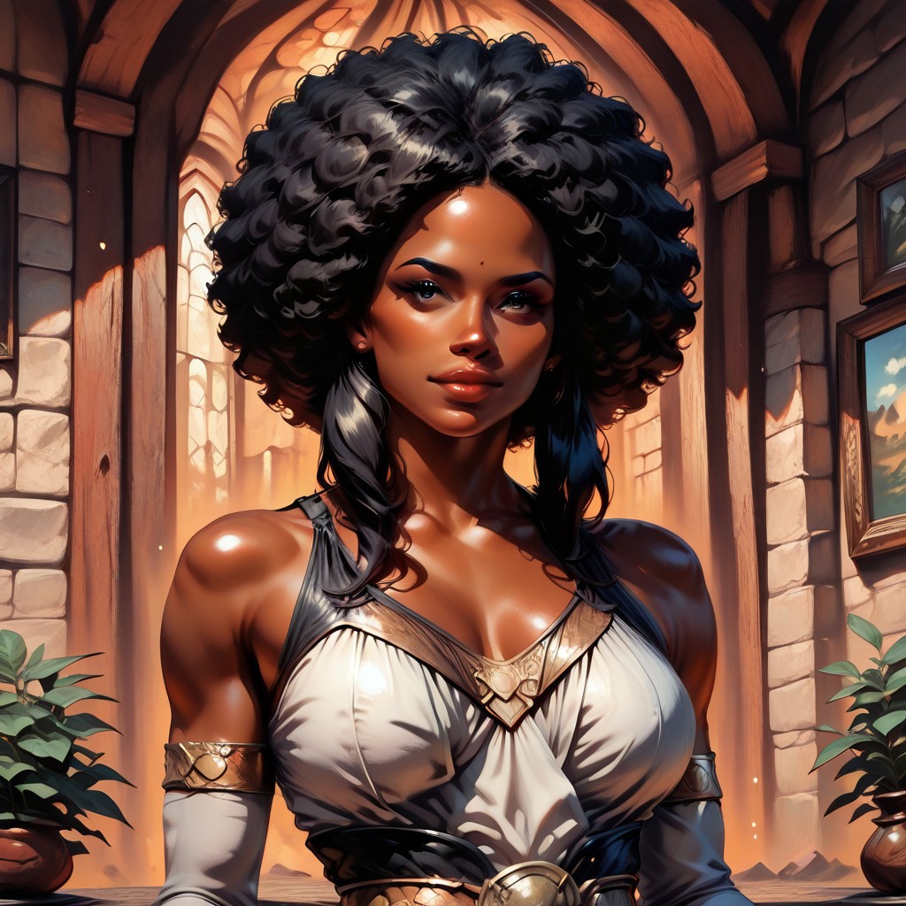 masterpiece, best quality, newest, absurdres, highres, PaintedComicV3 oil painting, detailed face, 1girl, Illustratedafricanfemale, dark-skinned female, african female, african, black hair, dredlocks, afro,