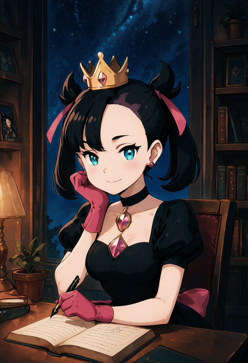 masterpiece, best quality, 1girl, solo, looking at viewer, smile,   zzShadowMarnieCitron, aqua eyes, black hair, hair ribbon, medium hair, asymmetrical bangs, twintails, mini crown,  marnie (pokemon), large breasts, narrow waist,  black dress, puffy short sleeves, black choker, gem, pink ribbon, pink gloves, bow, chiaroscuro,  ,<lora:ShadowHimeMarnieCitronOCIXL_v3:1.0>,  , zzLofi, sitting, side view, desk, chair, book, bookshelf, head rest, holding, holding pen, lamp, night, open book, pen, plant, potted plant, sky, star (sky), starry sky, window, windowsill, writing, <lora:LofiGirl_Style_IXL:0.8>,