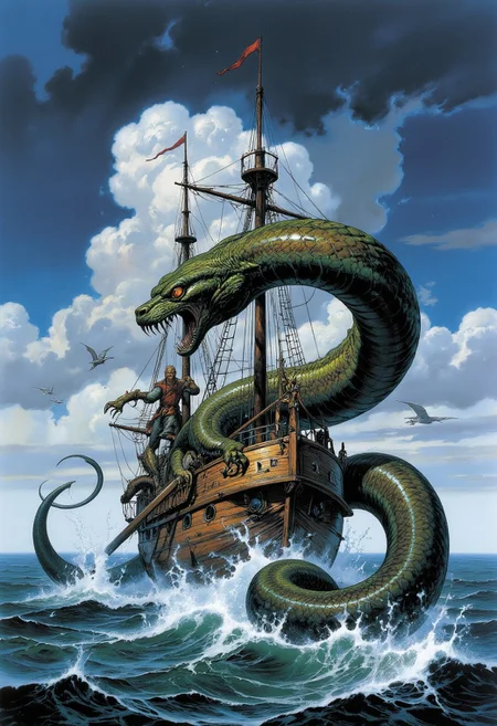 Comic book style 8k high quality digital painting , masterpiece, very detailed, ultra realistic, (best quality) very detailed epic masterpiece, a sailing ship on a stormy ocean is being attacked by a giant sea snake emerging from the water, winding around the ship, big waves, dramatic sky, action, scary, best quality, epic scene, Dungeons and dragons atmosphere, heroic fantasy, fna_style, Comic book style