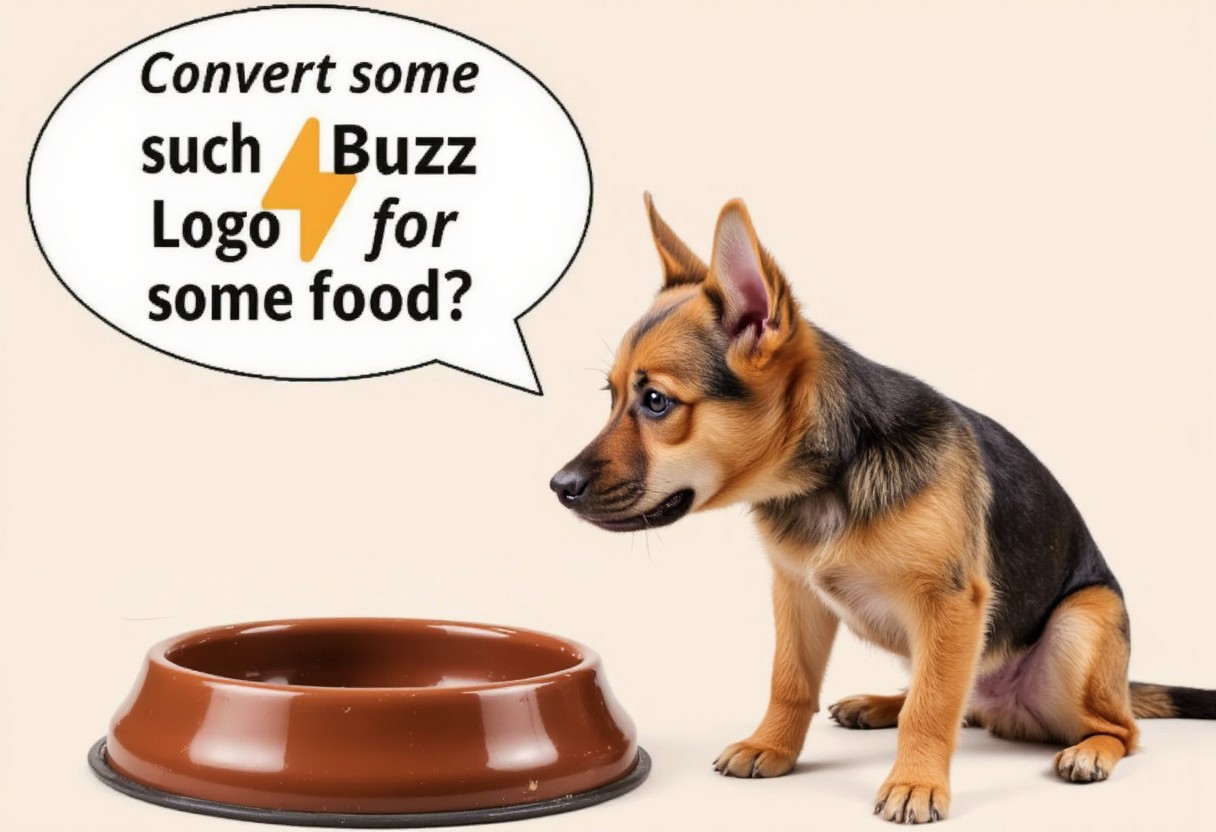 Small Dogue looking at an empty food bowl saying "Convert some SuchBuzzLogo for some food?"