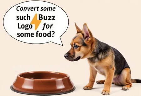 Small Dogue looking at an empty food bowl saying "Convert some SuchBuzzLogo for some food?"