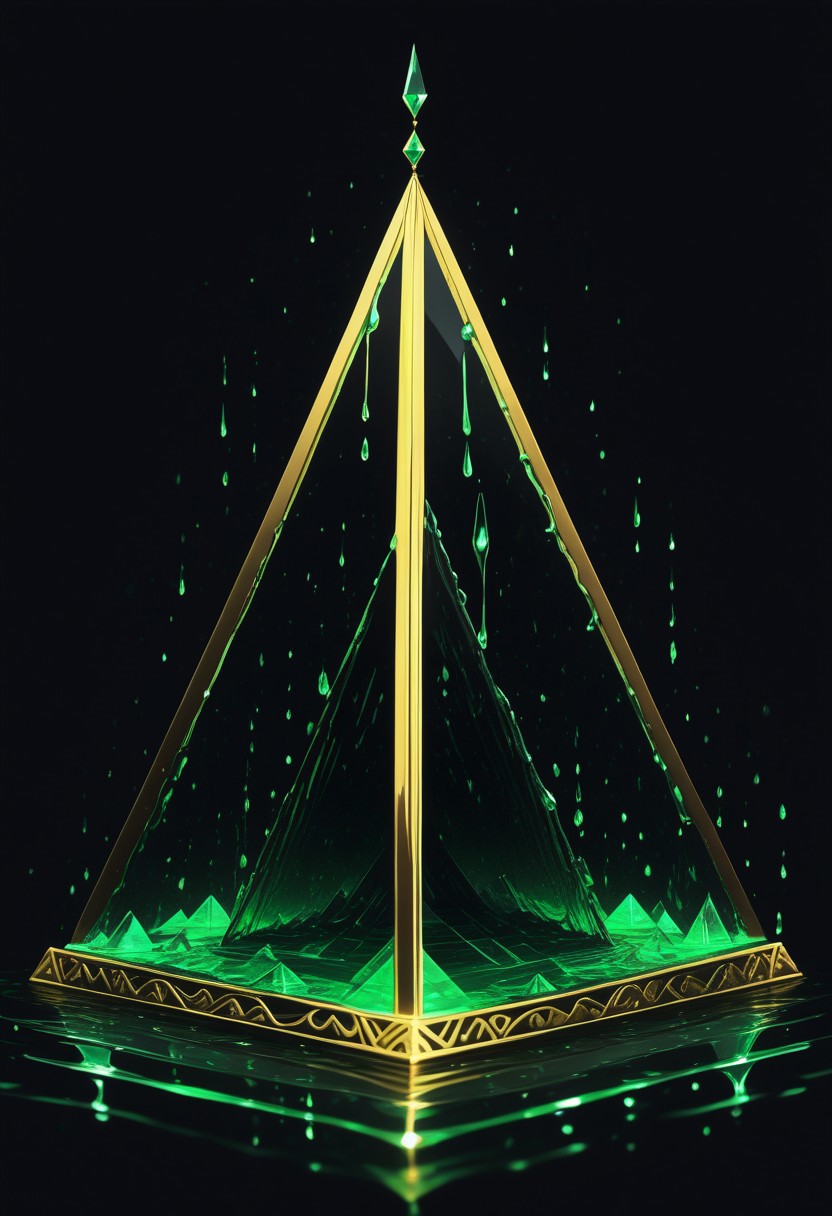 (masterpiece), best quality, Anime, (Floating Pyramid, Melting, Dripping), Black Background, No Humans, Green and Black Theme, Gold Filigree, (Light Refraction), Symphtia-Style