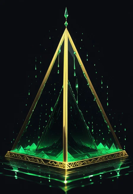 (masterpiece), best quality, Anime, (Floating Pyramid, Melting, Dripping), Black Background, No Humans, Green and Black Theme, Gold Filigree, (Light Refraction), Symphtia-Style