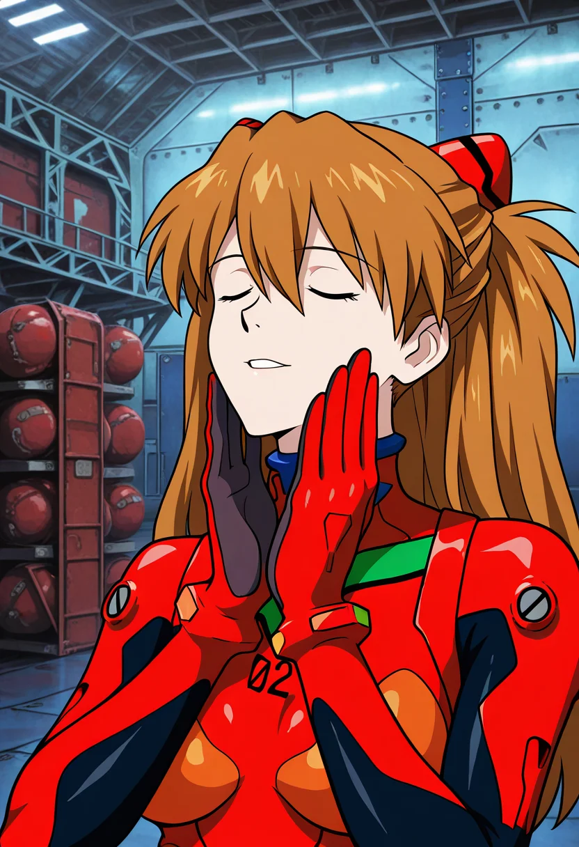 masterpiece, high quality, f33lsg00d, 1girl, solo, asuka langley, hands on own face, closed eyes, parted lips, light smile, red plugsuit (evangelion), upper body, hangar,