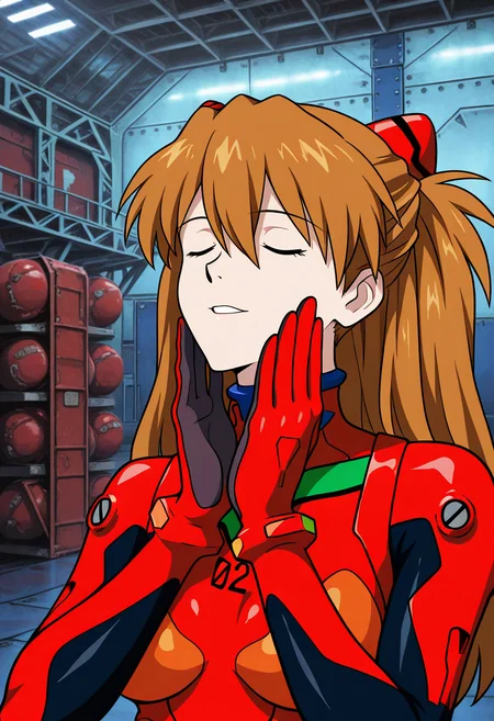 masterpiece, high quality, f33lsg00d, 1girl, solo, asuka langley, hands on own face, closed eyes, parted lips, light smile, red plugsuit (evangelion), upper body, hangar,