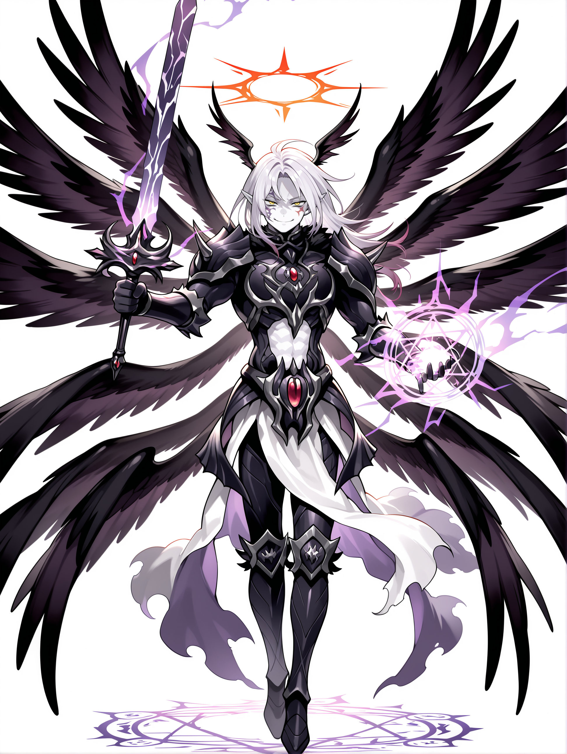 1boy,the first darklord,purple sword,male focus,red halo,solo,holding purple sword,white skin,angel,spikes,black head wings,facial tattoo,full body,black angel wings,black armor,black armored boots,black breastplate,black pauldrons,black vambraces,white pelvic curtain,multiple wings,evil smile, magic circle, 
masterpiece,best quality,amazing quality,very aesthetic,absurdres,newest,<lora:The first DarkLord illusXL v1:0.77>,<lora:wai-2Rectified-V140:0.7>,