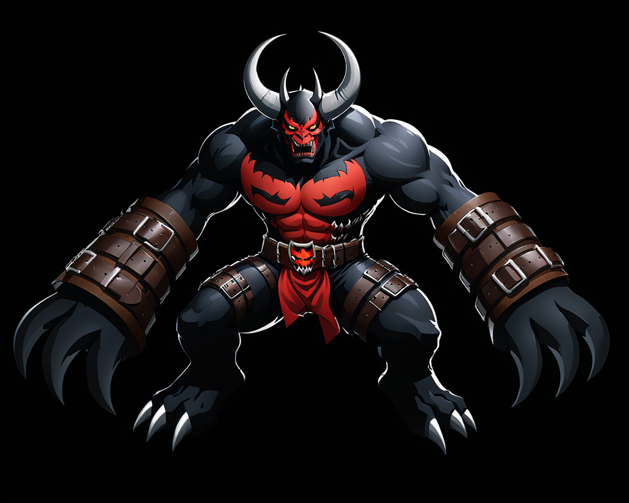 a demon beast covered in belts,simple background,black background,art by ncrender, <lora:NCRenderV3:1>
