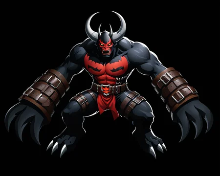 a demon beast covered in belts,simple background,black background,art by ncrender, <lora:NCRenderV3:1>