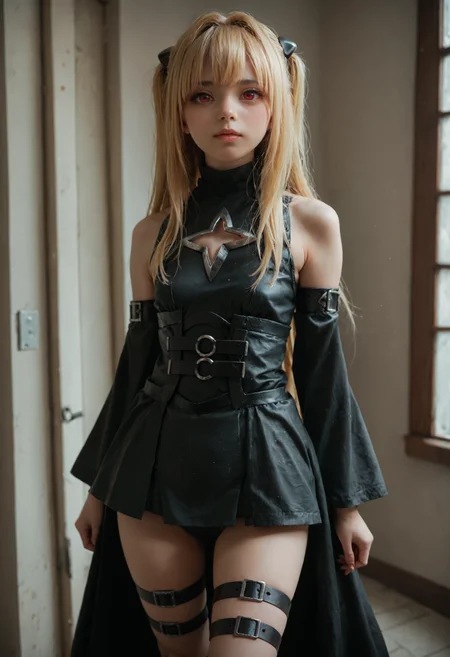 source_anime, realistic proportions, score_9, score_8_up, score_7_up, score_6_up, score_5_up, looking up at viewer, 1girl, Konjiki_no_Yami, blonde, twintails, black hair clips, long hair, hair vents, long hair, bangs, red eyes, small breasts, thigh belts, thick thighs, goth dress, detached sleeves, cute face