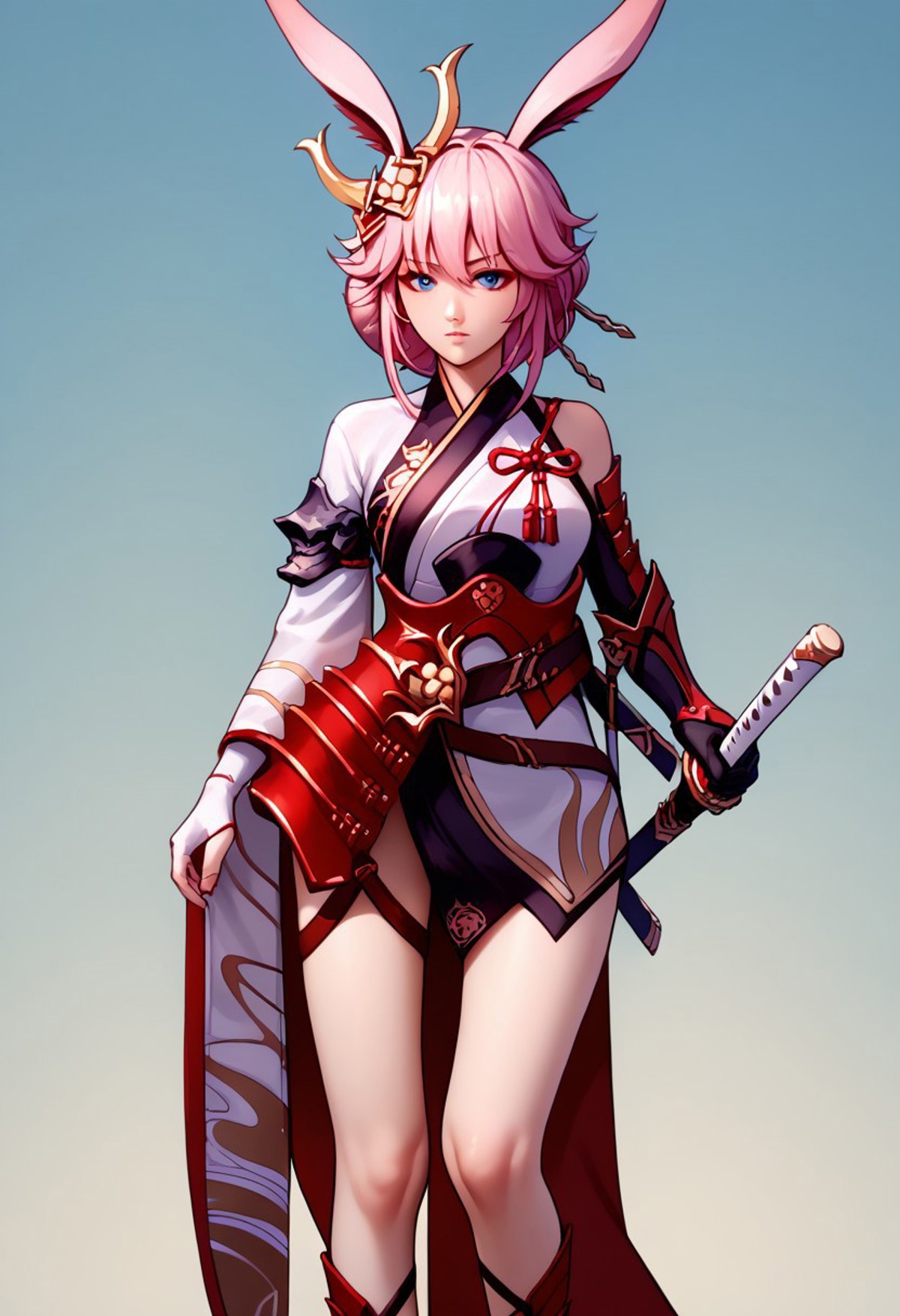 score_9, score_8_up, score_7_up, source_anime, good anatomy, 1girl, solo, YaeSakura, fox girl, fox ear, hair bun, pink hair, medium breasts, blue eyes, bare shoulder, short kimono, flame sakitama kimono, red samurai armor, thigh strap, hair ornament, katana, single sleeve, bare legs, black shoes