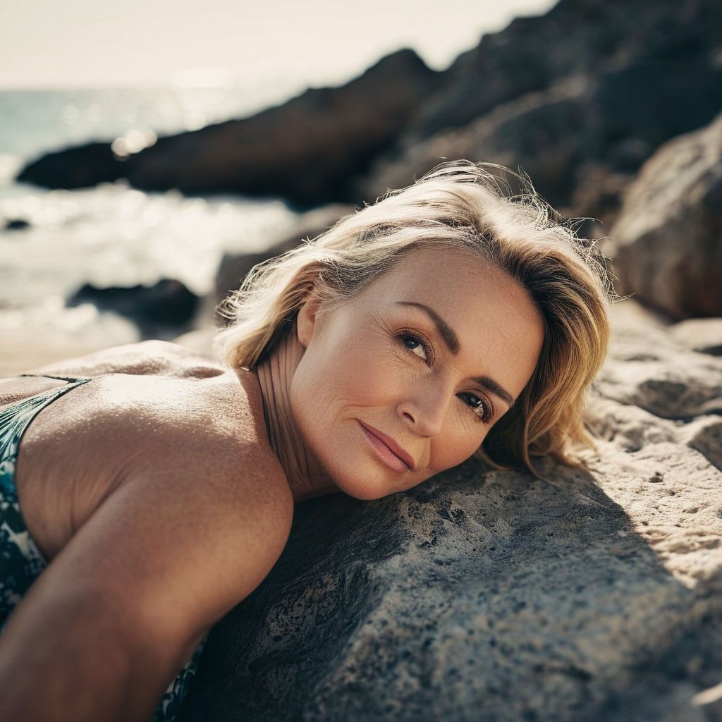 cinematic film still of  <lora:perfection style:0.9> wrinkles:1
A perfect photo of a woman laying on a beach next to a rock wall, perfection style, shallow depth of field, vignette, highly detailed, high budget, bokeh, cinemascope, moody, epic, gorgeous, film grain, grainy