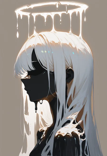 1girl, general,
long hair, halo, white halo, glowing halo, melting halo,
faceless, black skin,
white theme, light brown background,
from side, portrait,
best quality, very awa, highres, newest