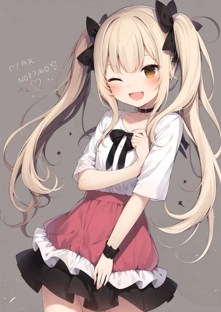 1girl, solo, one eye closed, twintails, open mouth, long hair, ;d, smile, brown eyes, blonde hair, skirt, looking at viewer, hair ribbon, hair ornament, ribbon, bow, choker, heart, blush
<lora:amaki_natsuki-loha-v1.0:0.7>, (masterpiece,best quality)