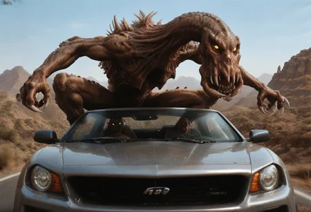 score_9, score_8_up, source_cartoon, lhurgoyf, teeth, monster, glowing eyes, eyes, claws, car, sports car, driving, route 66, desert