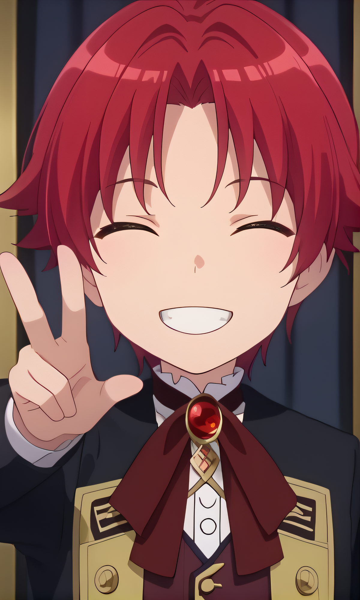 score_9, score_8_up, score_7_up, source_anime, rating_safe, intricate details, anime screencap, official style, 1boy, solo, <lora:Millicas_Gremory:1>, millicas, kid, red hair, closed eyes, brooch, black coat, looking at viewer, smile, indoor upper body, teeth, grin, peace sign, five fingers