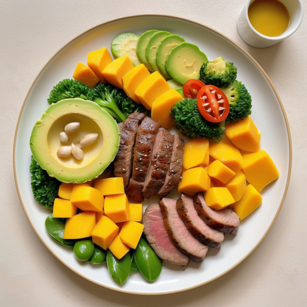 avocado,Generate a realistic photo of a neatly arranged, healthy fitness meal, consisting of a generous portion of meat, slices of mango, and a variety of vegetables. The ingredients should be displayed in an organized manner on the plate, emphasizing the harmony of colors and textures. The meat should be succulent and well-seasoned, but without any black pepper. Vegetables should add a fresh and vibrant green to the composition, creating a visually appealing contrast with the yellow of the mango and the rich color of the meat. The presentation is key, with each component of the meal having its distinct place on the plate, showcasing a balance of nutrition and aesthetics, <lora:fitfood:0.8>,fitfood