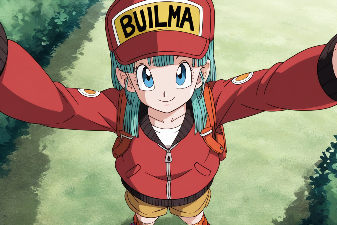 source_anime, score_9, score_8_up, score_7_up, anime screencap, absurd res, high quality,
bulma, dragon ball \(classic\), teenage, red cap outfit, official style, 1girl, solo, long hair, looking at viewer, smile, bangs, blue eyes, forest, gloves, touching head, dappled sunlight, closed mouth, aqua hair, standing, collarbone, looking up at viewer, jacket, full body, boots, short shorts, character name, eyelashes, red footwear, straight hair, clothes writing, red jacket, brown gloves, zipper, arm at side, hand in pocket, salute, brown shorts, backpack, arm up, baseball cap, from above, loose socks, orange legwear, fringe trim, hat writing, raised eyebrows, small breasts, print sleeves, english text, white shirt, eyebrows
<lora:DB_Bulma_v2-000046:0.8>
