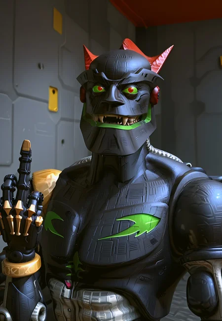 m3g4byt3, humanoid robot, 1boy, solo, upper body, evil grin, fangs, middle finger, cyberpunk background
