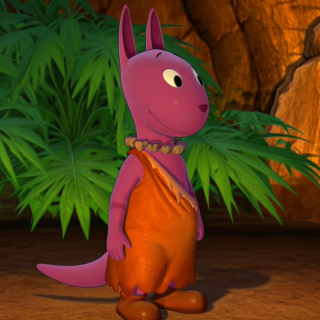 masterpiece, best quality, amazing quality, AustinByil, anthro, male, kangaroo, purple fur, black eyes, brown caveman costume, brown shoes, necklace,  solo, 1boy, jungle