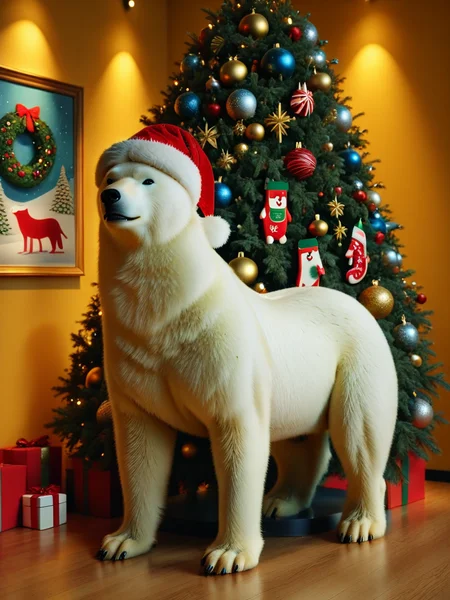 Animal Christmas, a polar bear wearing a Santa hat and a bauble garland round its neck, standing on its hind legs, is visiting an art gallery and looking at a vibrant, abstract portrait features a serene face covered in short, dynamic blue, yellow, and red brushstrokes, creating a harmonious yet intense atmosphere.
<lora:Animal_Christmas:1>
