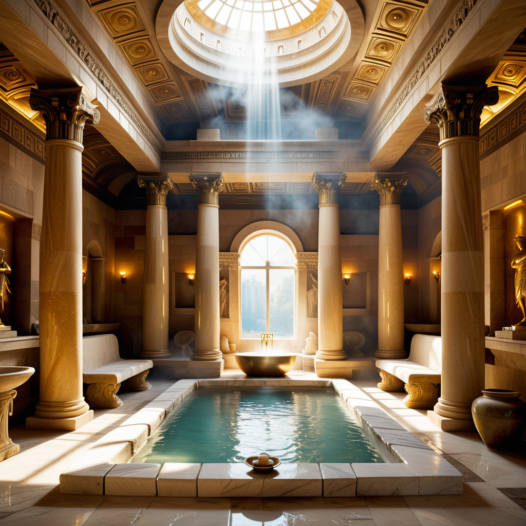 A highly detailed and realistic photograph of an ancient Roman sauna (thermae) from the time of Caesar, featuring grand marble architecture with intricate carvings and columns. The central bath is filled with steaming water, surrounded by polished marble tiles and mosaics depicting mythological scenes. The room is illuminated by natural light streaming through small openings in the high, domed ceiling, creating soft shadows and reflections on the water's surface. The atmosphere is hazy from the steam, and a few individuals dressed in Roman togas and tunics can be seen reclining on benches or chatting near the bath. The overall color palette includes shades of white, gold, and earthy tones, emphasizing the luxurious and serene environment.<lora:SDXLFaeTastic2400:0.4> <lora:extremely_detailed:0.4> extremely detailed, Masterpiece,best quality,hi res,8k,hi res,8k,award winning,(sharp focus, intricate, highly detailed),