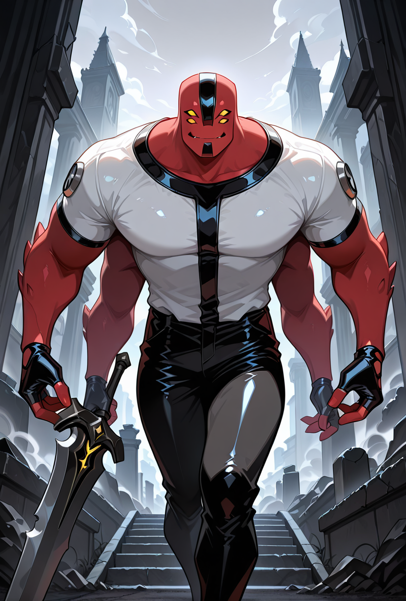 <lora:fourarms-05:1> fourarms, red skin, solo, male focus, yellow sclera, no pupils, 4 eyes, , fingerless gloves, white shirt, black pants, 4 arms , large pectorals, underbite, multiple arms, in graveyard, big sword, massive sword, gargoyle statues, broken statues, grey sky, smoke,, masterpiece, best quality, amazing quality, very aesthetic, absurdres, newest,