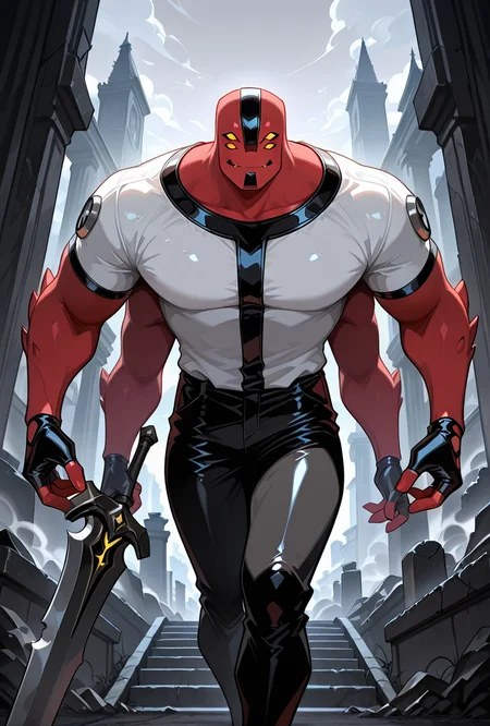 <lora:fourarms-05:1> fourarms, red skin, solo, male focus, yellow sclera, no pupils, 4 eyes, , fingerless gloves, white shirt, black pants, 4 arms , large pectorals, underbite, multiple arms, in graveyard, big sword, massive sword, gargoyle statues, broken statues, grey sky, smoke,, masterpiece, best quality, amazing quality, very aesthetic, absurdres, newest,