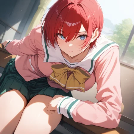 masterpiece,high score,great score,absurdres,solo,looking at viewer,school_uniform,pink long sleeves,yellow bow,green skirt,<lora:Asami_Replay ag4o v1:1> asami_replay, red hair, short hair, blue eyes,